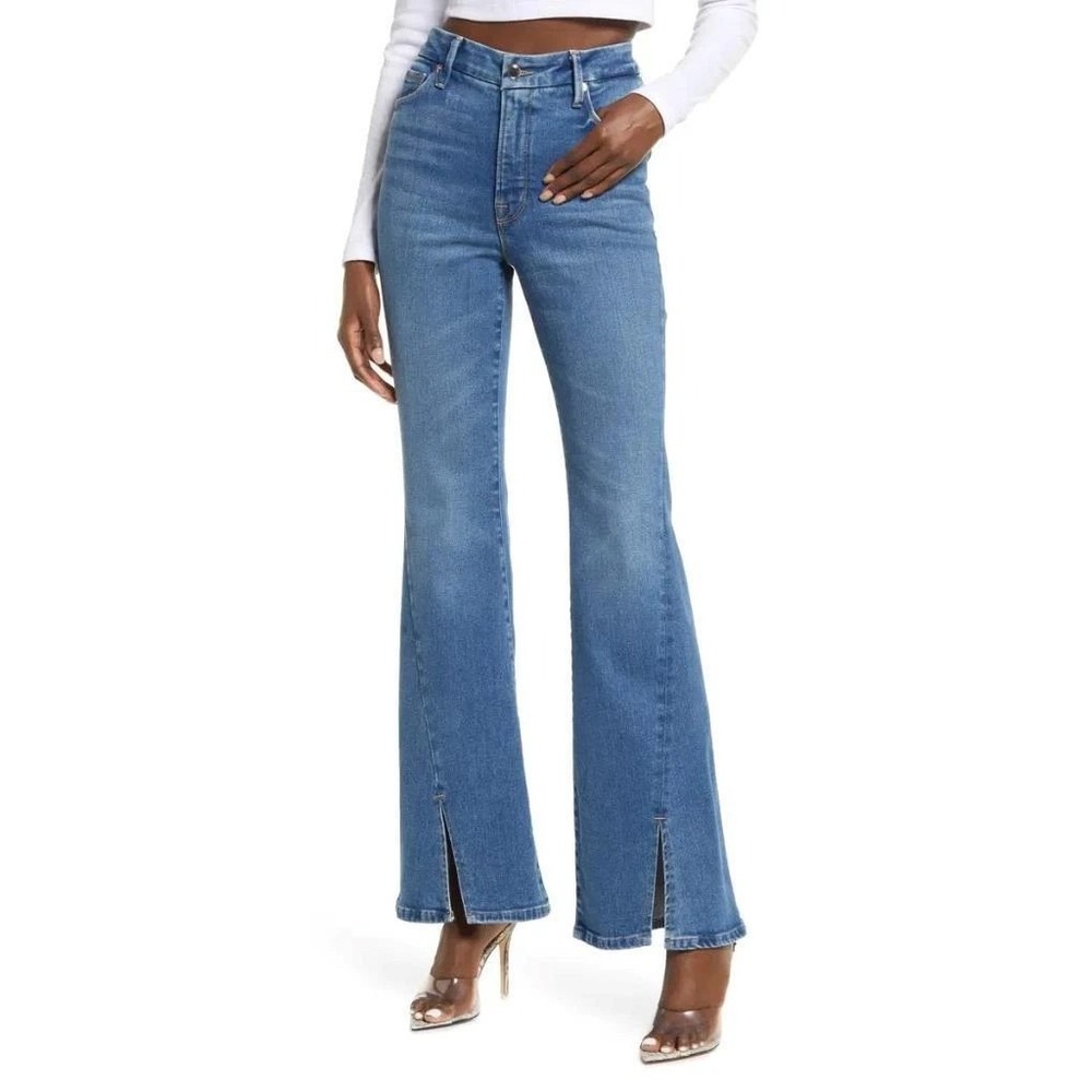 GOOD AMERICAN Good Leg Flare Split Hem Jeans in Indigo Women Size 6/28 High Rise